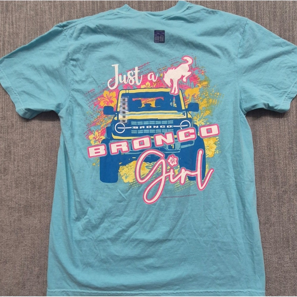 NWT Ford Bronco womens blue double side graphic t-shirt Med "Just a Bronco Girl"